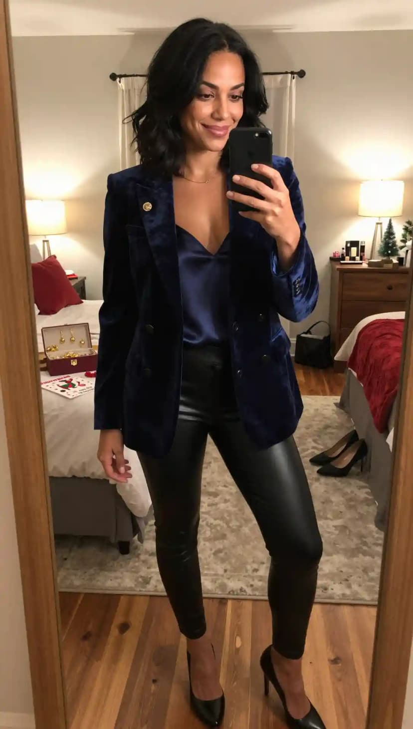 Navy Velvet Blazer + Navy Satin Camisole + Black Faux Leather Pants