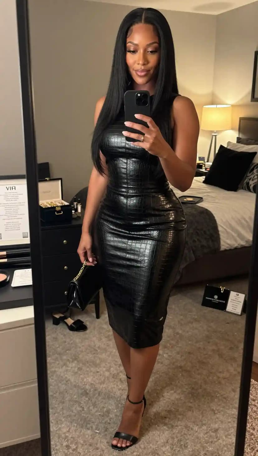 Black Crocodile Print Bodycon Dress + Black Clutch + Black Strappy Heels