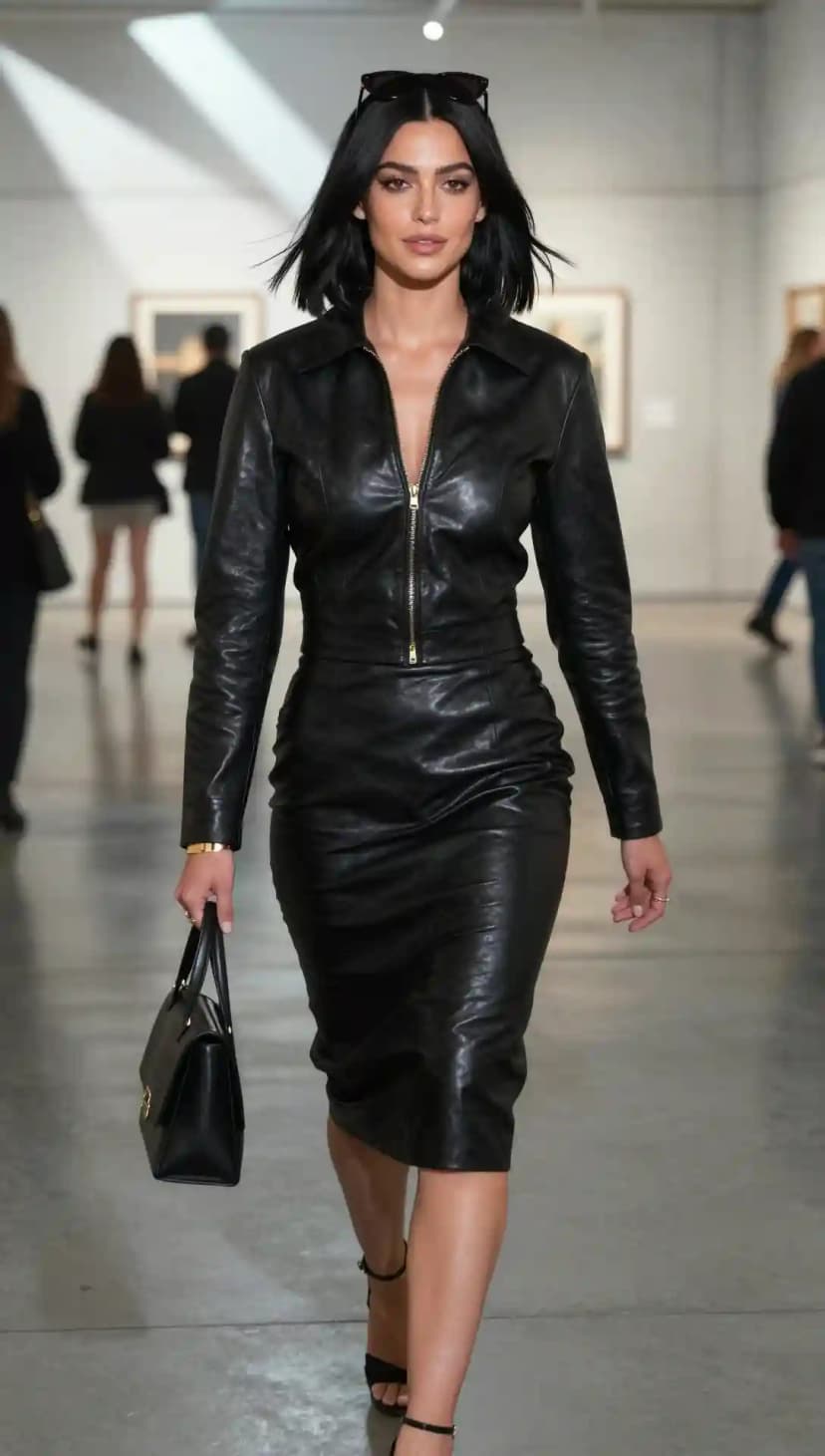 Black Leather Zipper Jacket + Black Leather Pencil Skirt