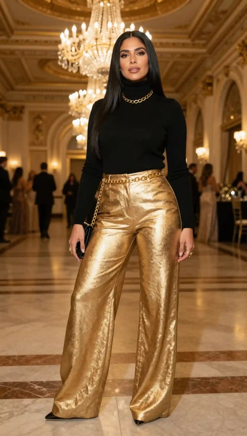 Black Turtleneck + Gold Metallic Pants + Gold Chain Belt