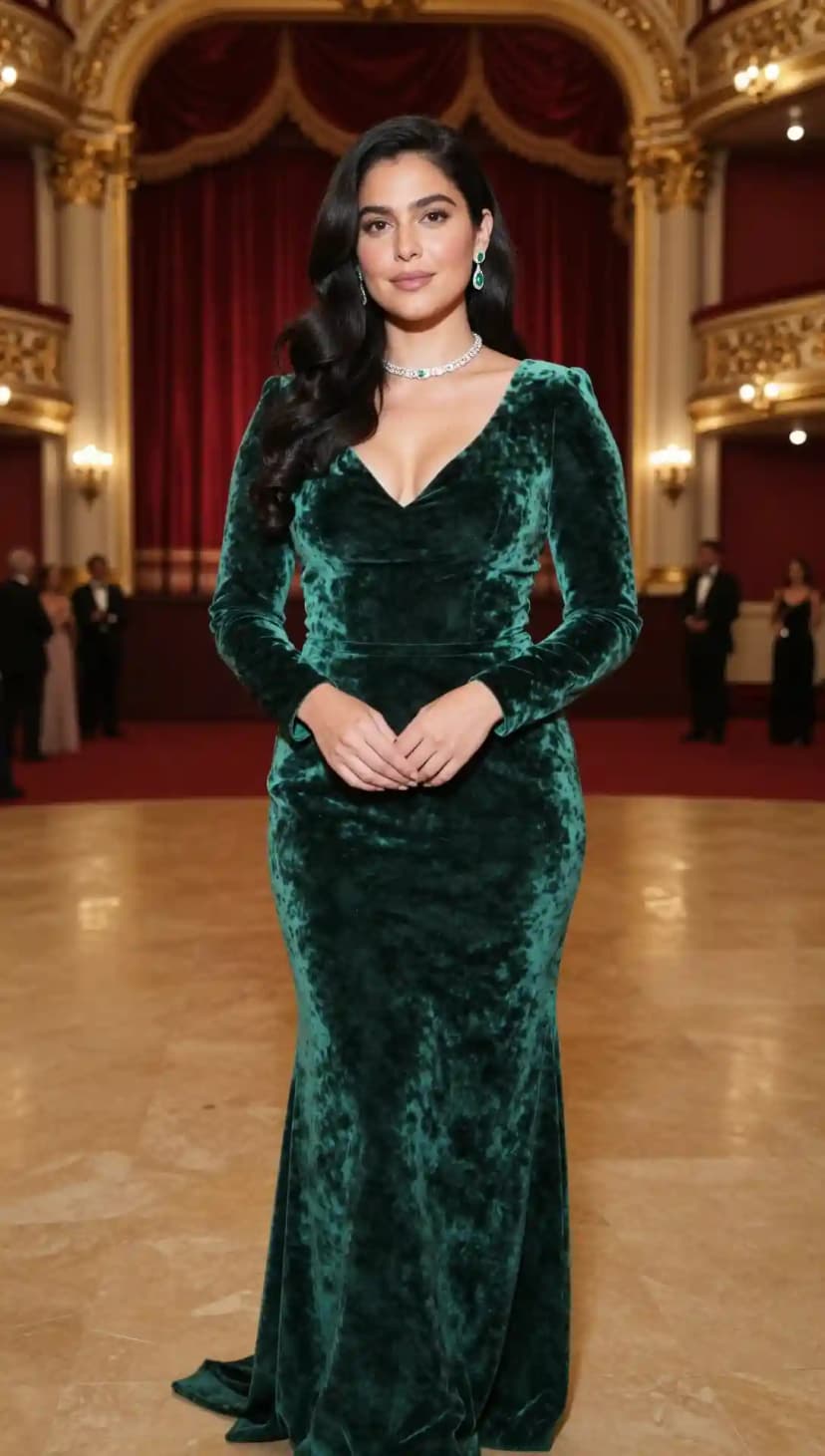 Emerald Green Velvet Gown + Diamond and Emerald Jewelry