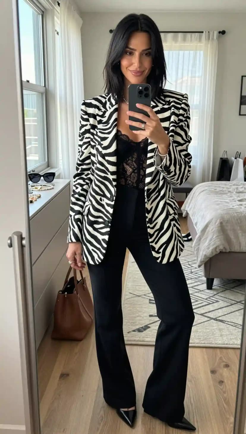 Zebra Print Blazer + Black Lace Bodysuit + Black Flared Trousers