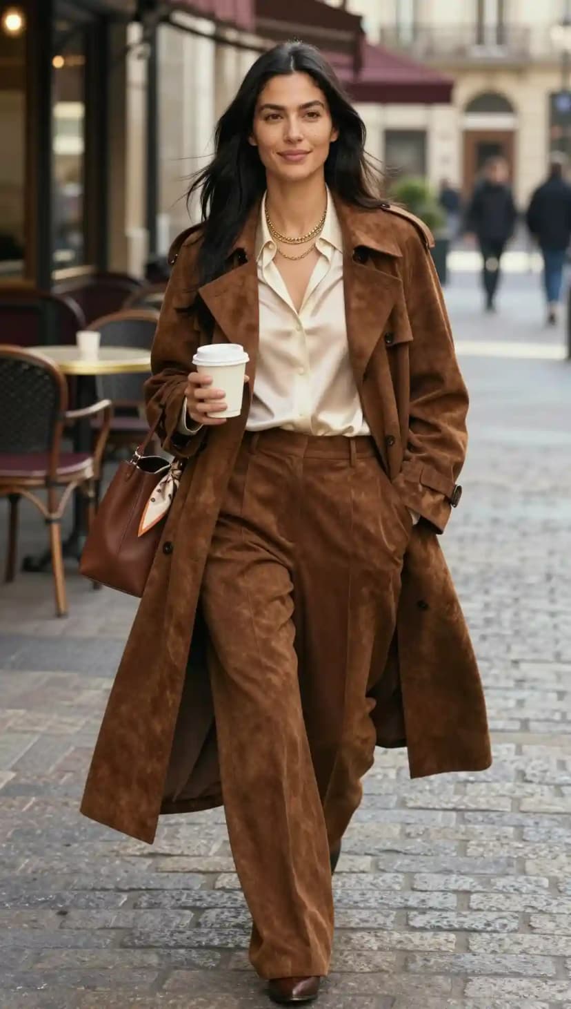 Brown Suede Trench Coat + Cream Silk Blouse + Brown Wide-Leg Trousers
