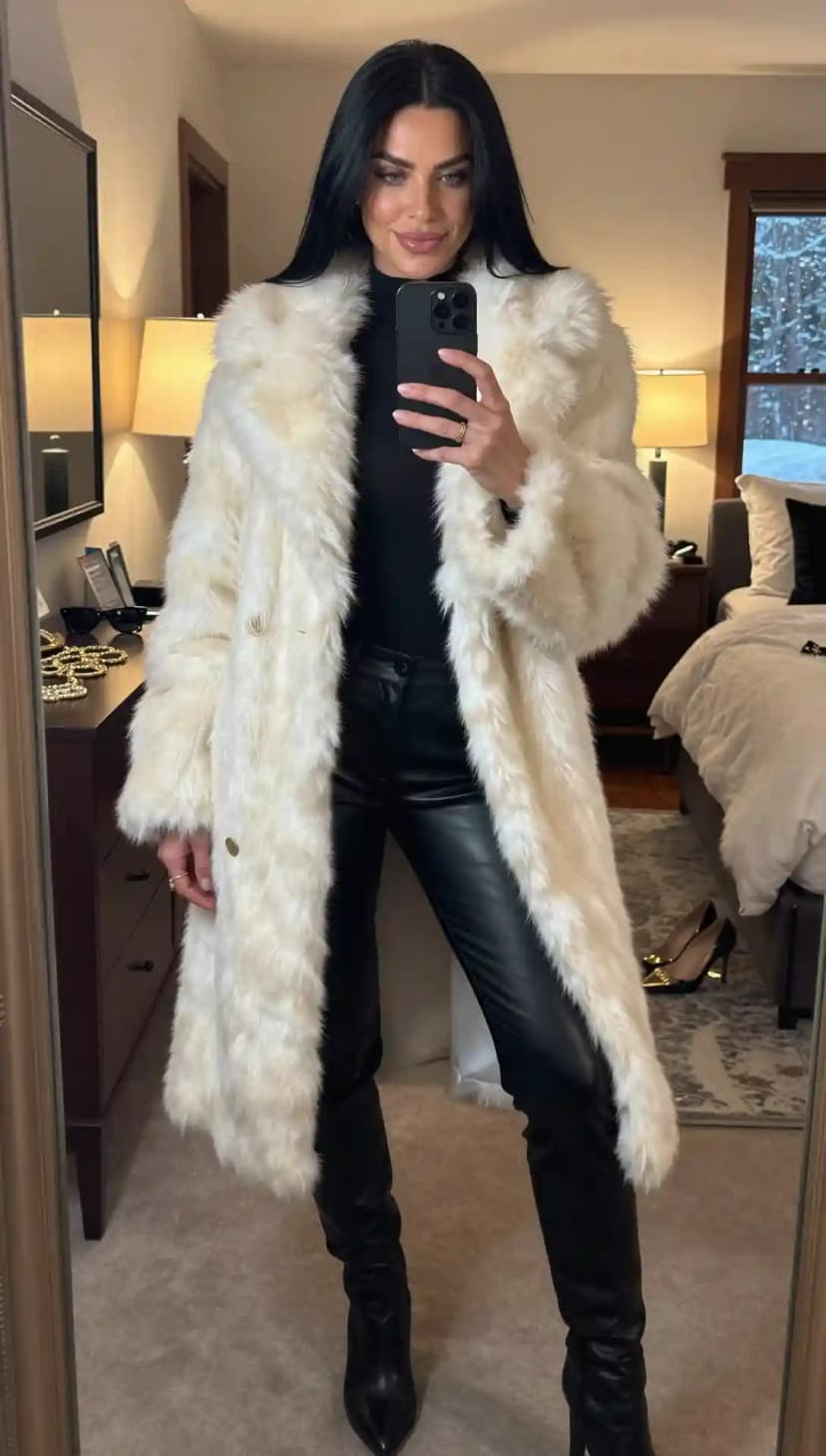 Cream Faux Fur Coat + Black Turtleneck + Black Faux Leather Pants