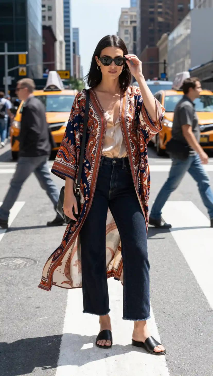 Paisley Kimono + Satin Camisole + Dark Wash Jeans