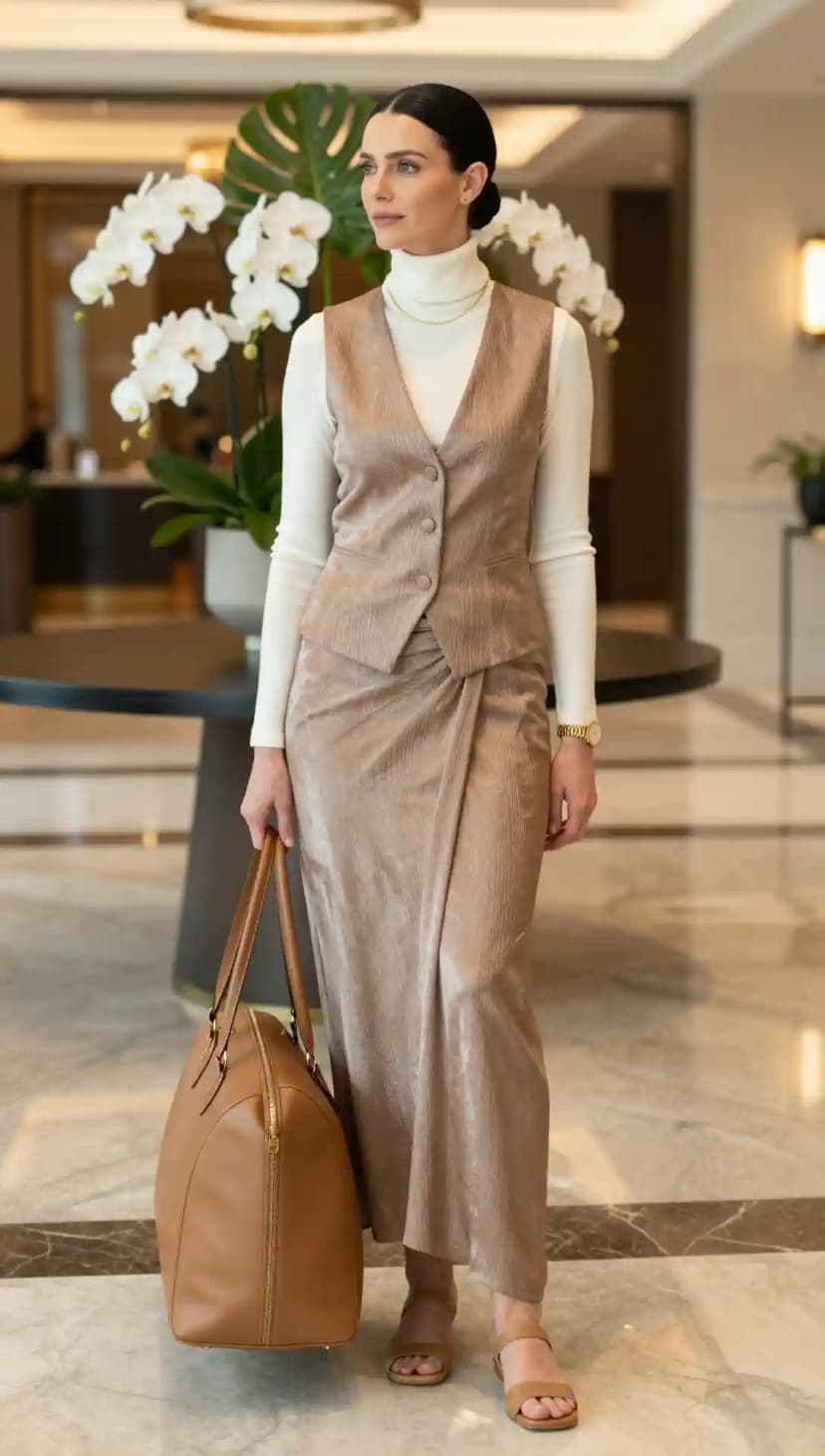 Cream Ribbed Turtleneck + Beige Velvet Vest + Beige Wrap Skirt