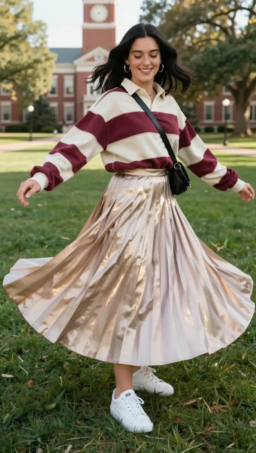 Maroon and Cream Striped Rugby Shirt + Gold Pleated Midi Skirt + White Sneakers