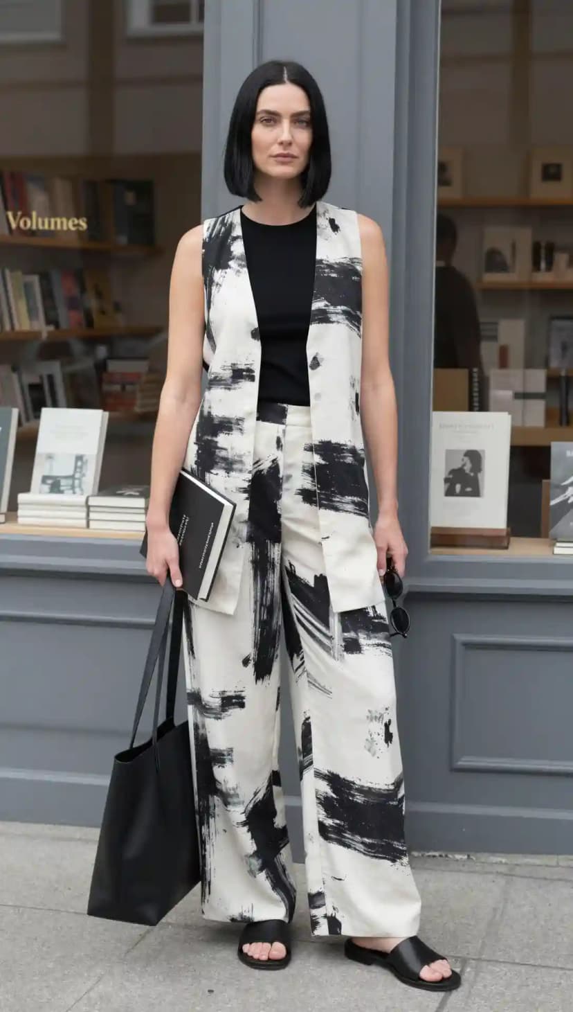 Black and White Brushstroke Vest + Black Tank Top + Wide-Leg Brushstroke Pants + Black Slides