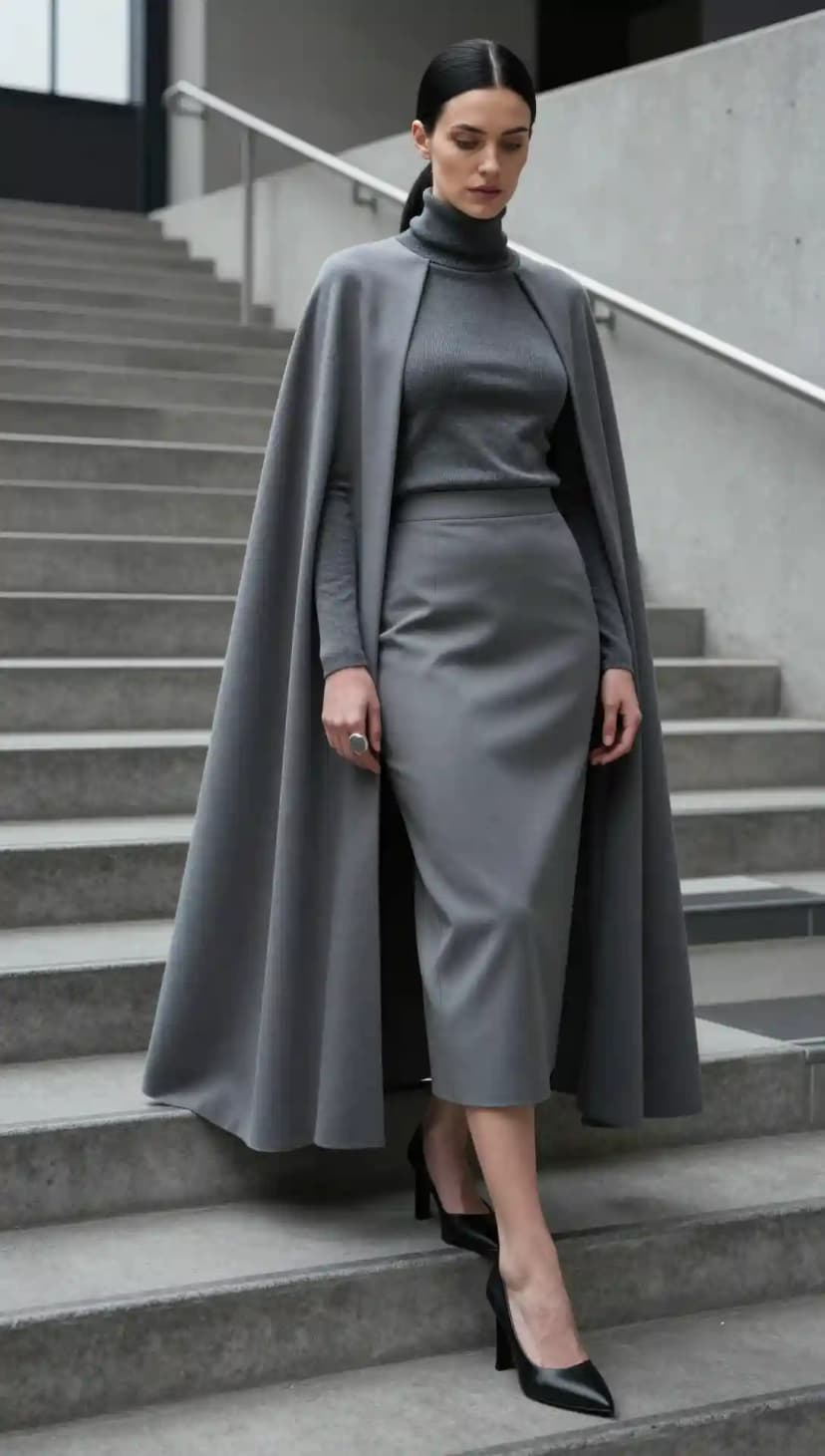 Grey Turtleneck Sweater + Grey Midi Skirt + Grey Cape + Black Heels