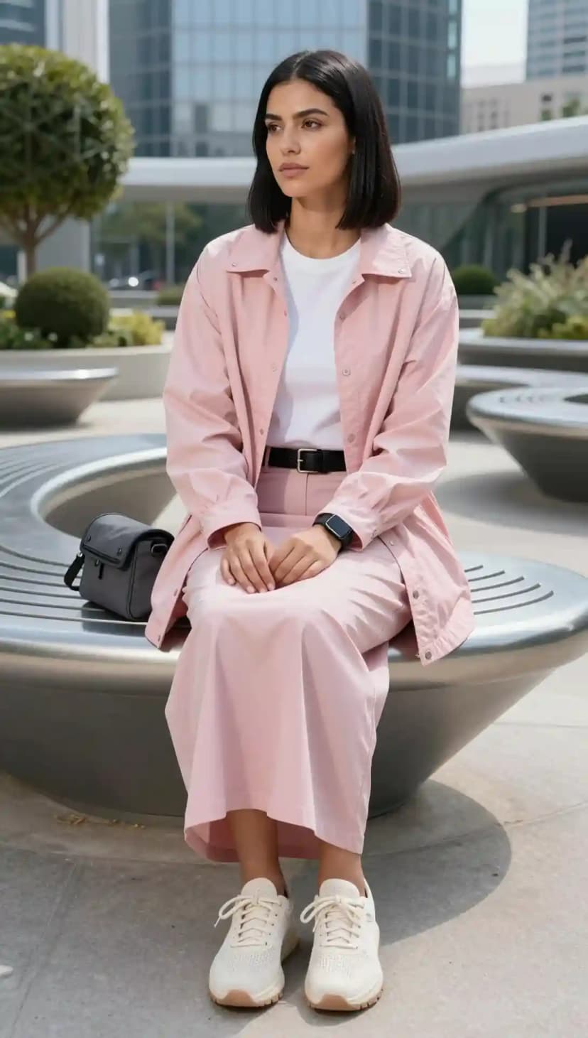 Pink Oversized Shirt + White T-shirt + Pink Midi Skirt + Black Belt + Grey Crossbody Bag