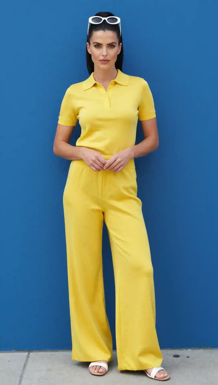 Yellow Knit Polo Shirt + Yellow Wide-Leg Knit Pants