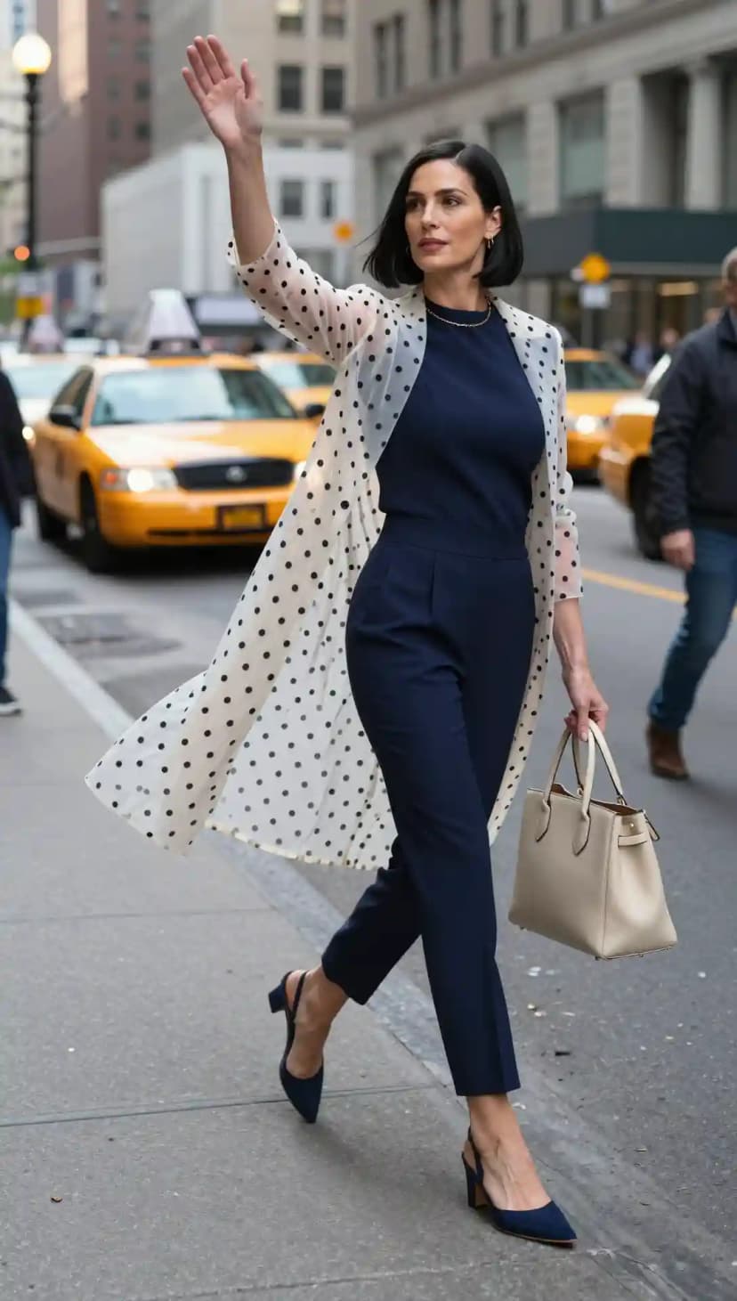 Navy Jumpsuit + Polka Dot Sheer Kimono