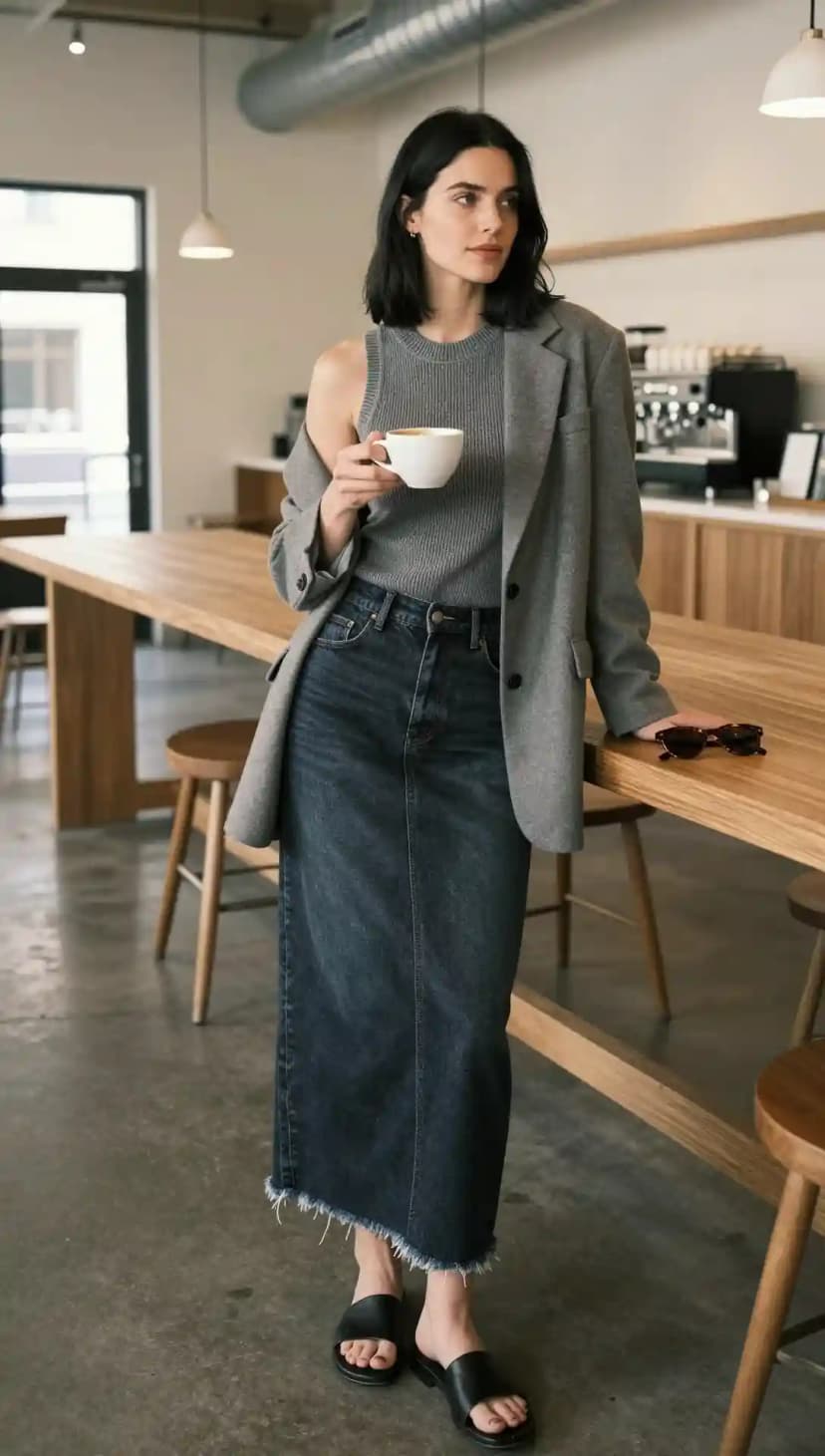 Grey Ribbed Tank Top + Dark Wash Denim Maxi Skirt + Grey Oversized Blazer