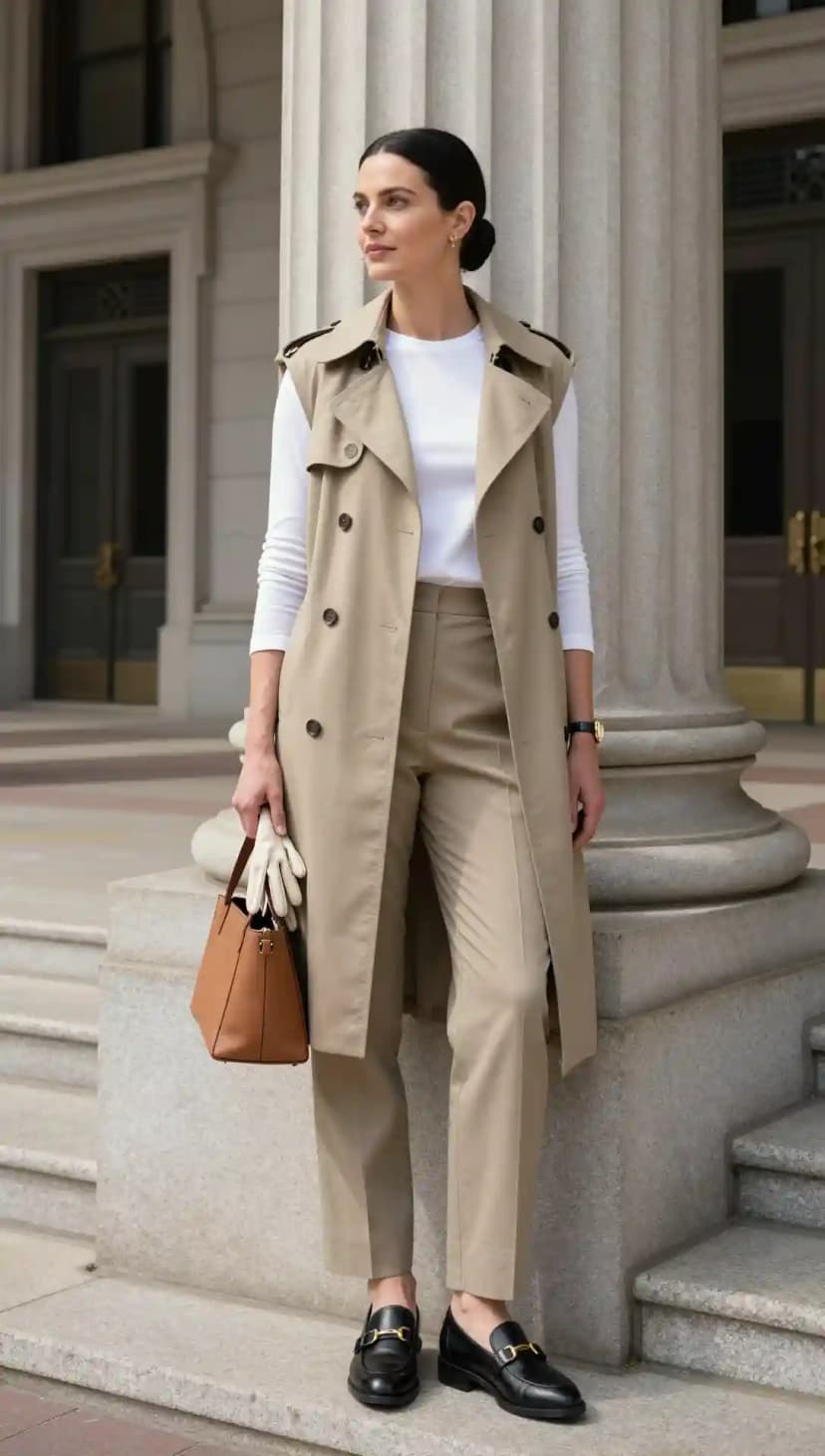 Sleeveless Trench Vest + White Long Sleeve Top + Beige Tailored Trousers