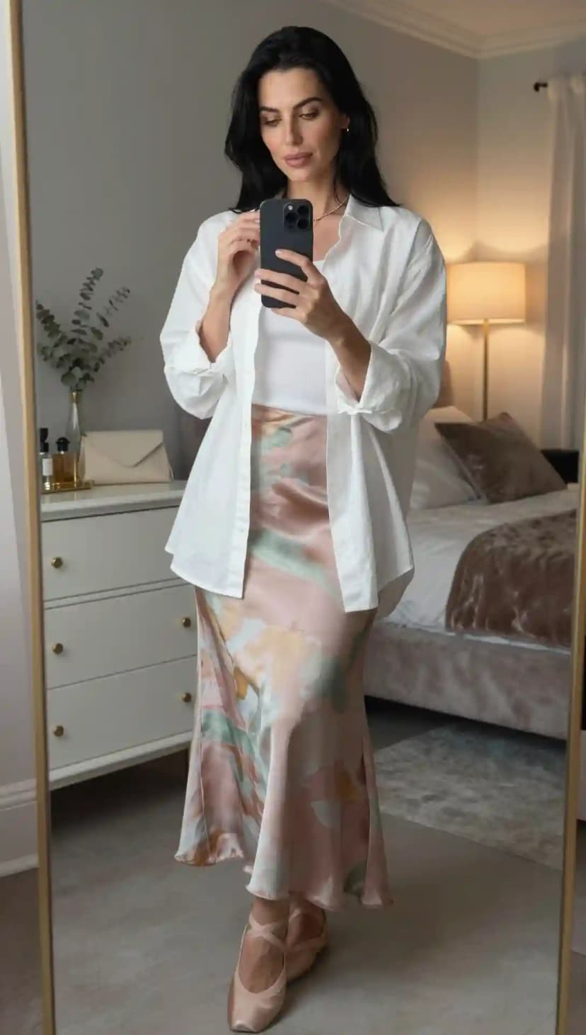White Oversized Shirt + White Ribbed Tank Top + Watercolor Print Satin Midi Skirt + Ballet Flats