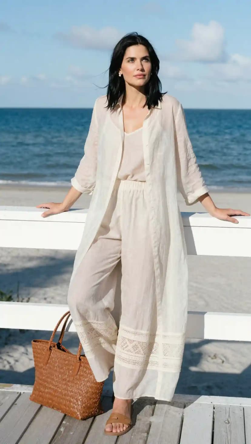 Cream Linen Maxi Dress + Cream Linen Wide-Leg Pants + Cream Linen Tank Top