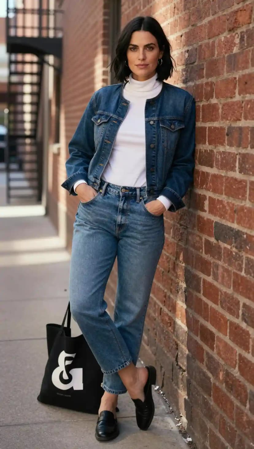 Denim Jacket + White Turtleneck + Blue Jeans