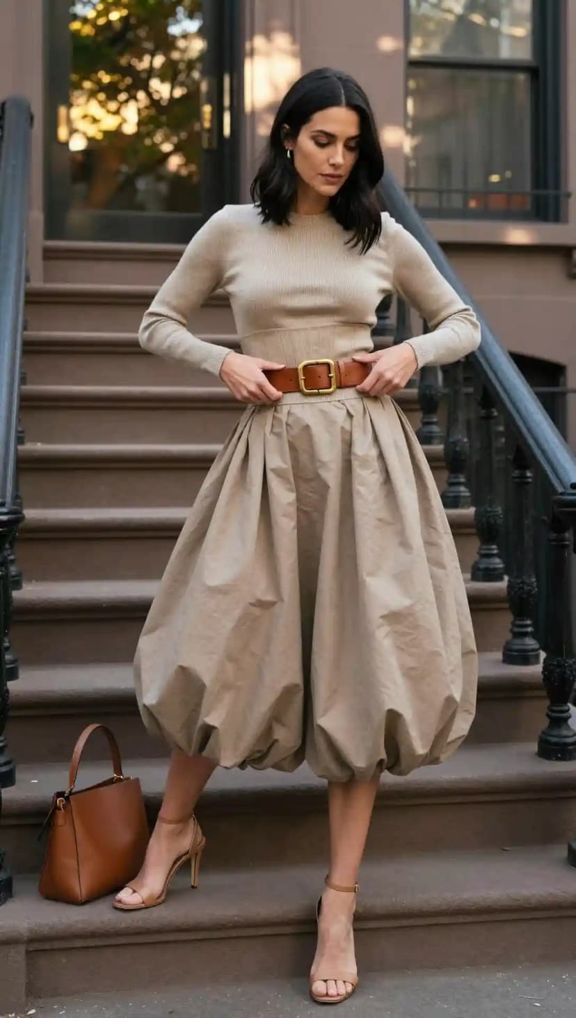 Neutral Ribbed Sweater + Balloon Skirt + Brown Belt