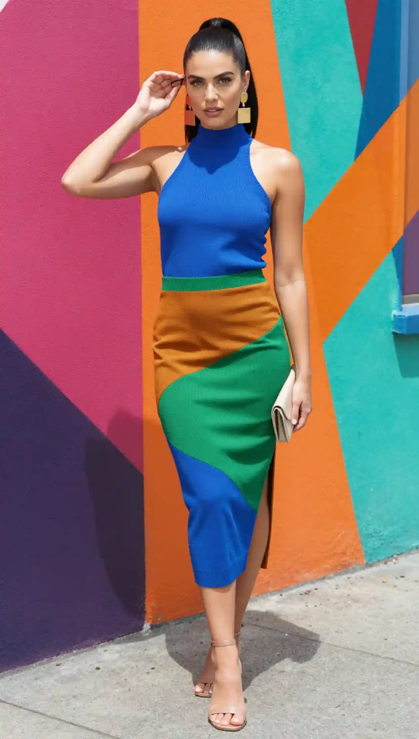 Blue Ribbed Mock Neck Top + Colorblock Knit Midi Skirt + Nude Strappy Heels