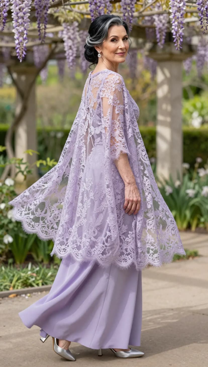 Lavender Lace Cape + Lavender Crepe Gown