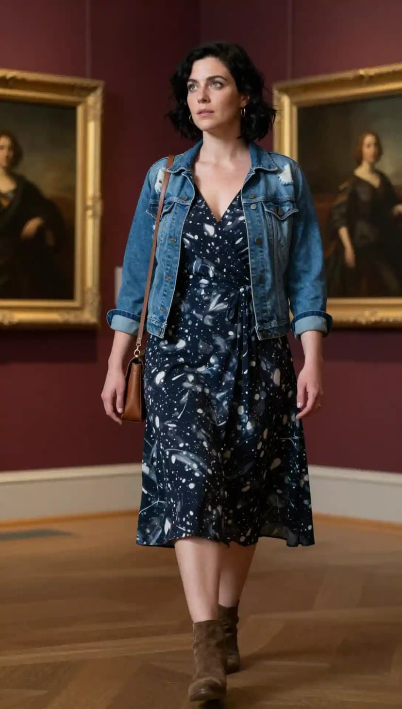 Blue Denim Jacket + Navy Splash Print Wrap Dress + Brown Suede Ankle Boots