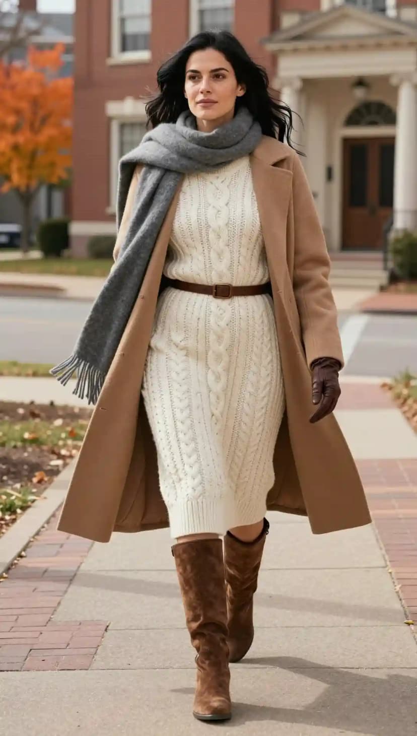 Cream Cable Knit Midi Dress + Camel Wool Coat