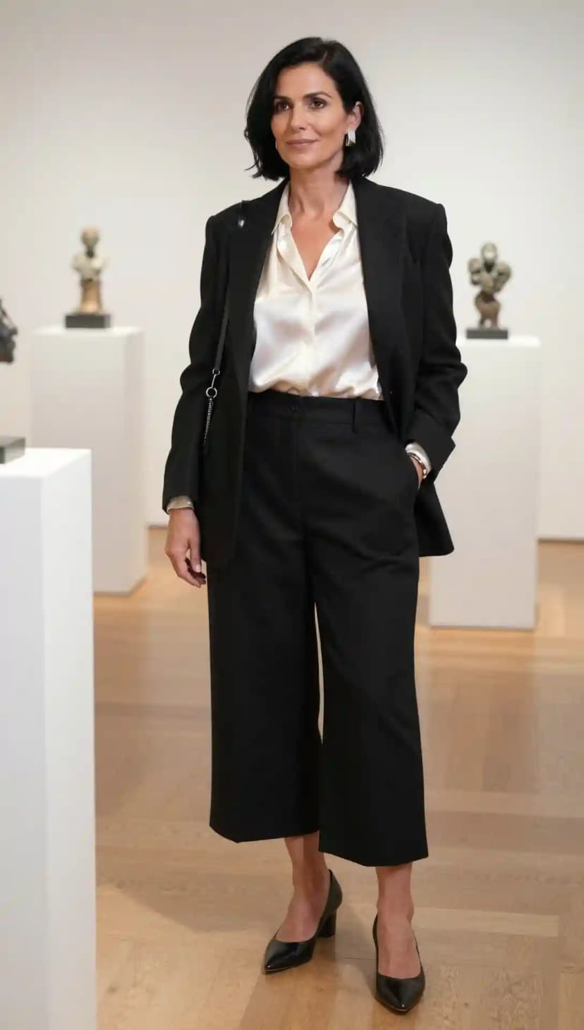 Ivory Silk Blouse + Black Wool Culottes + Black Blazer