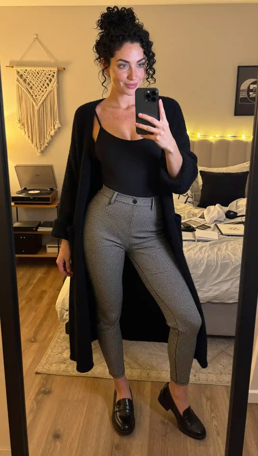 Black Camisole + Black Knit Long Cardigan + Grey Patterned Stretch Pants