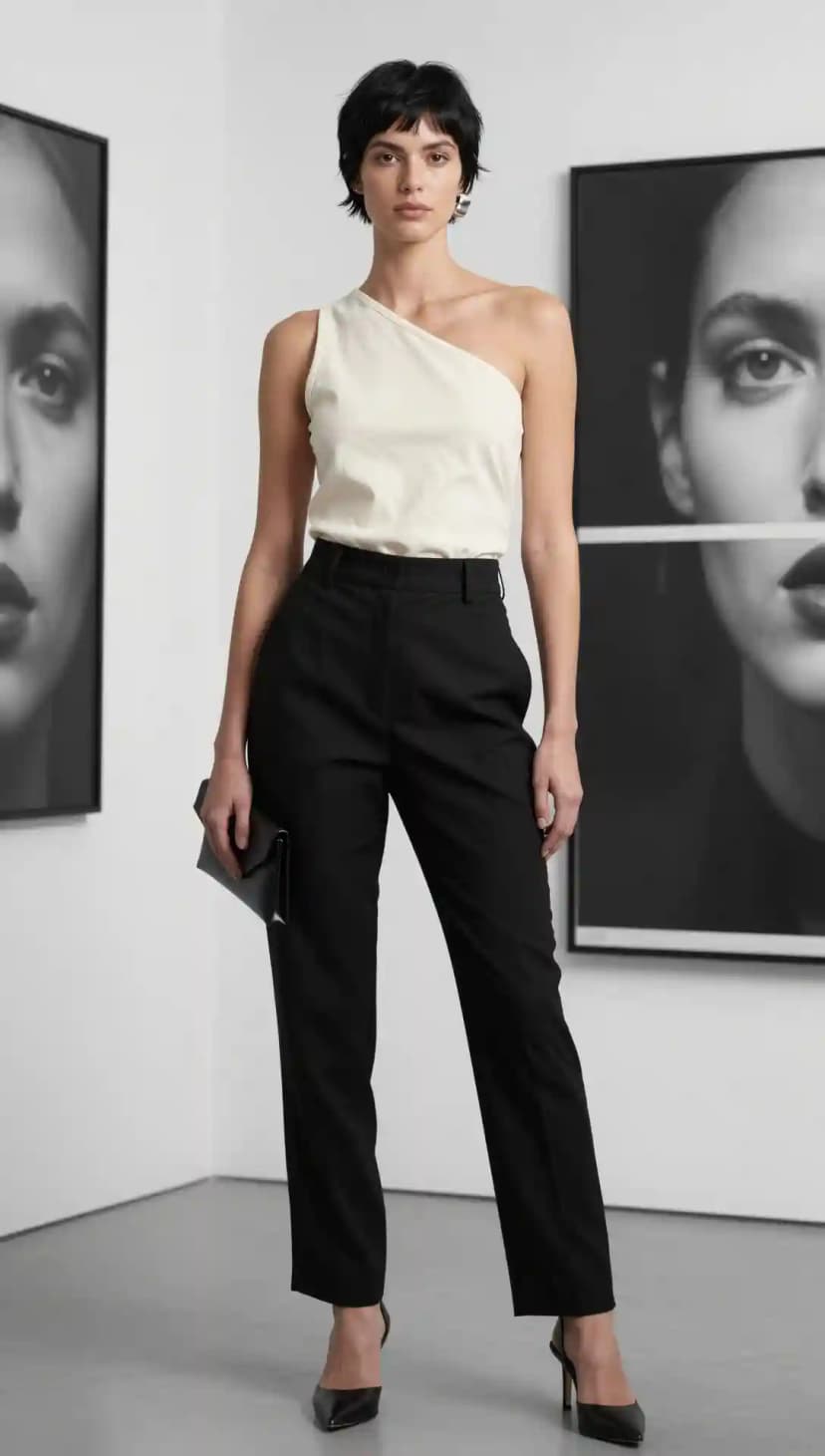 Cream Cotton Asymmetrical Top + Black Wool Trousers