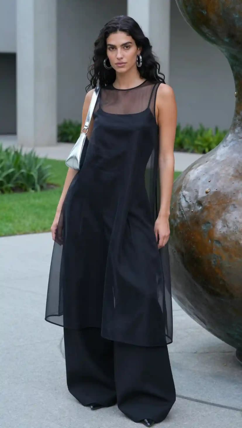 Black Sheer Overlay Dress + Black Wide-Leg Trousers