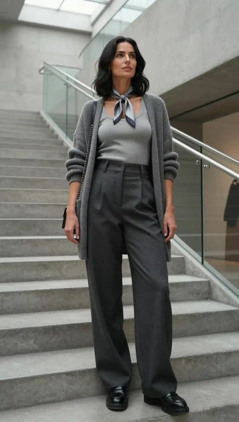 Grey Ribbed Tank Top + Grey Wool Wide-Leg Trousers + Grey Knit Cardigan