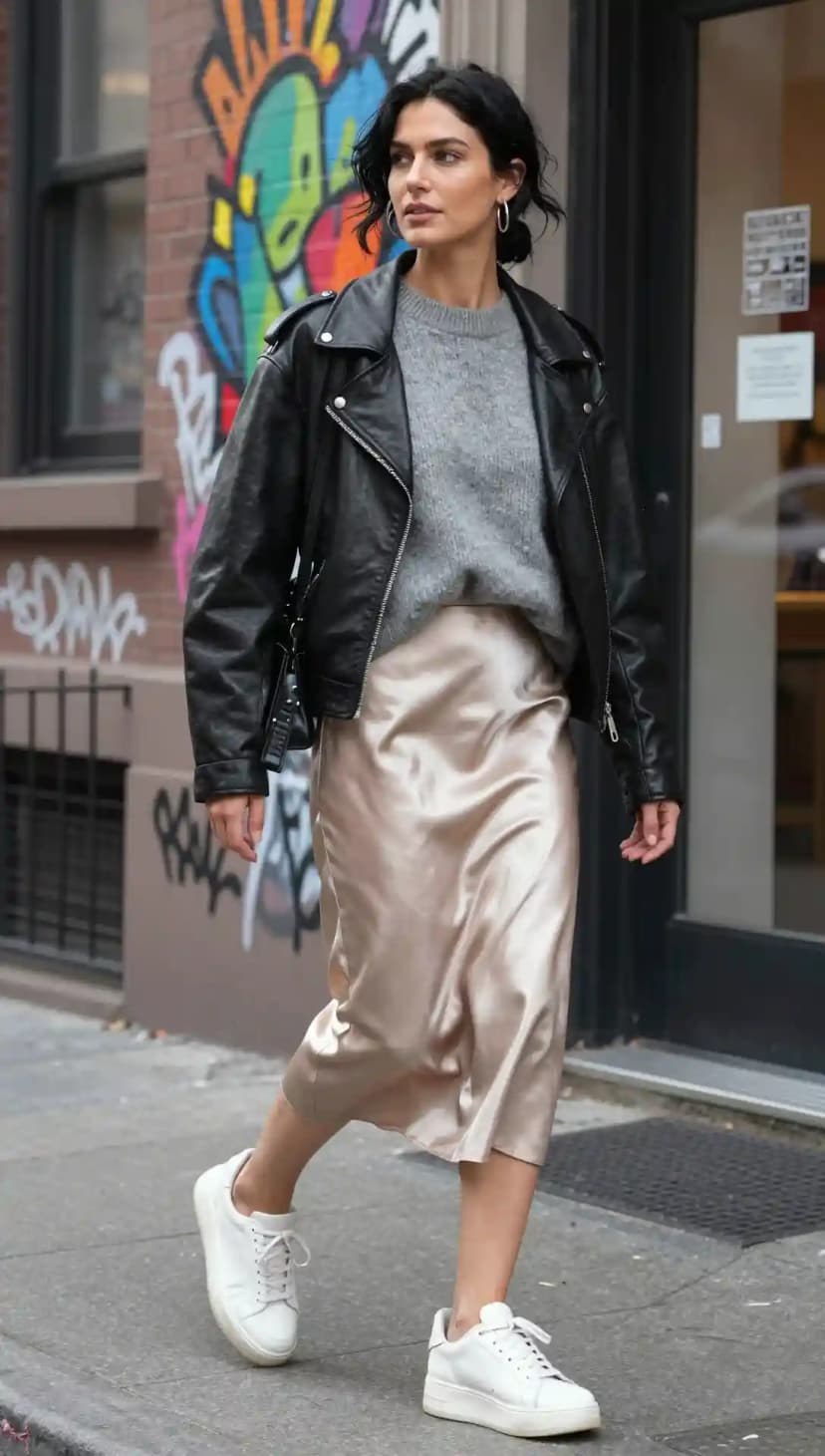 Black Leather Biker Jacket + Grey Knit Sweater + Champagne Satin Midi Skirt