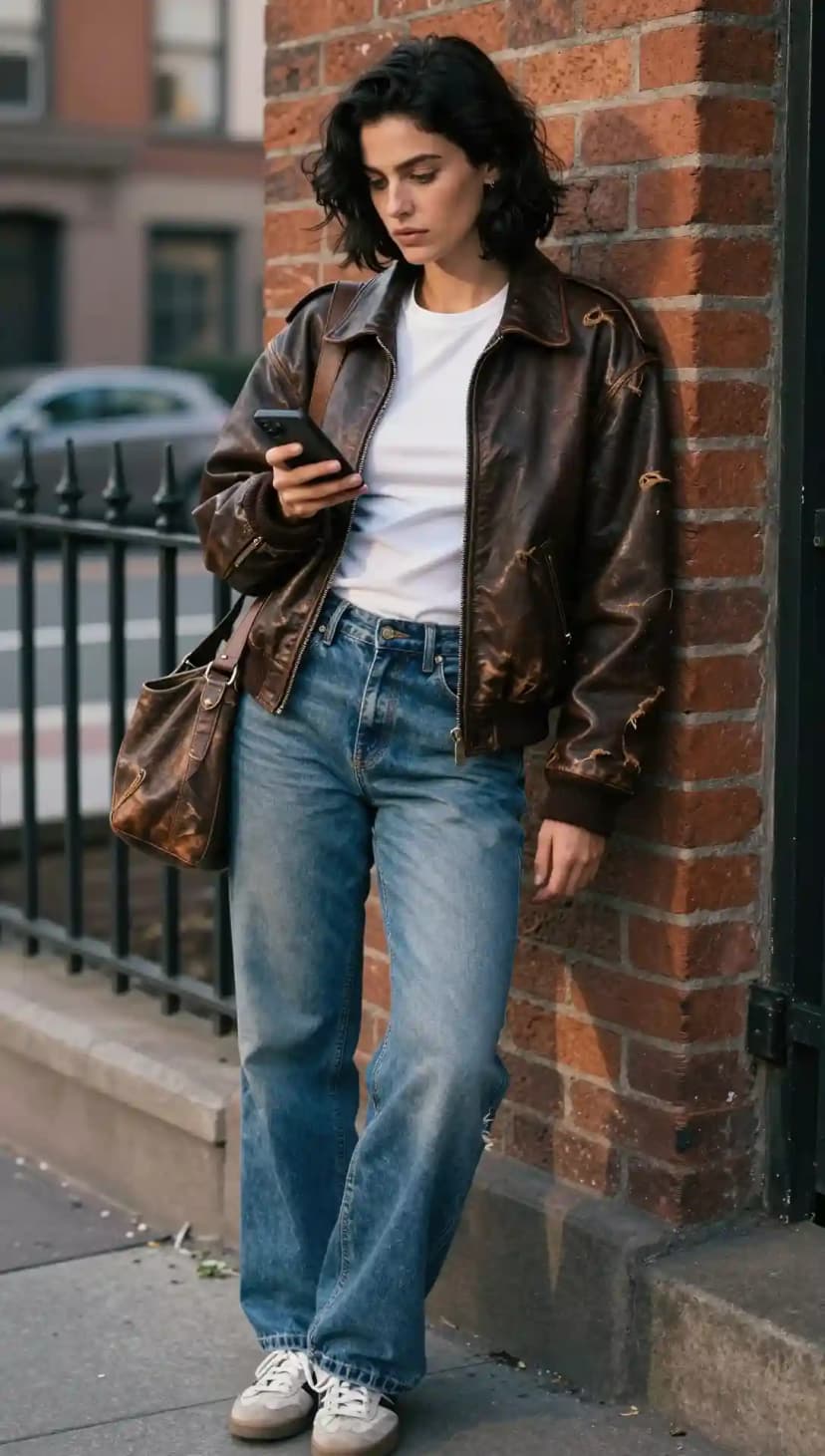 Brown Distressed Leather Bomber Jacket + White Cotton T-shirt + Blue Denim Wide-Leg Jeans