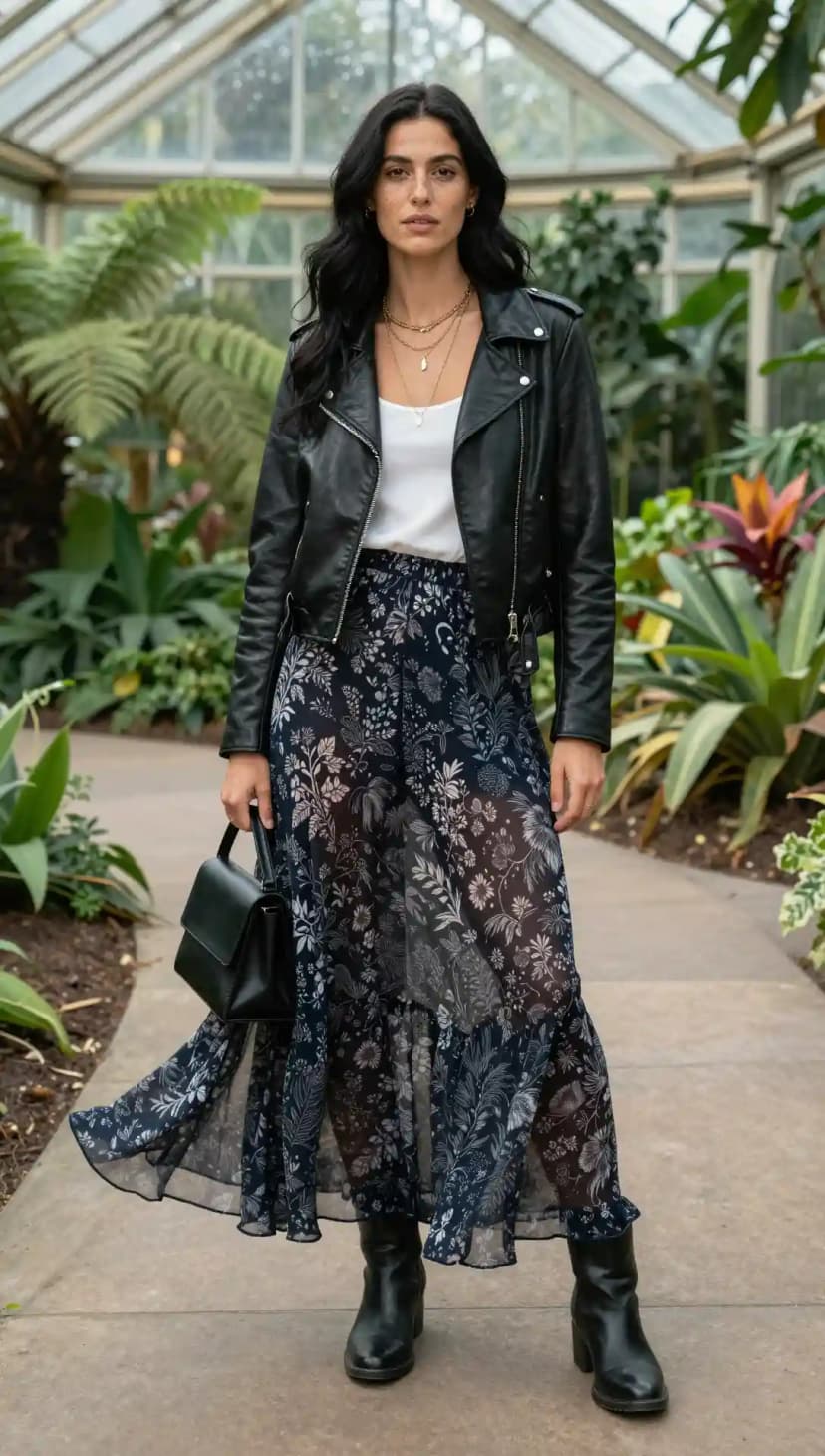 Black Leather Biker Jacket + White Tank Top + Navy Floral Chiffon Maxi Skirt + Black Leather Boots