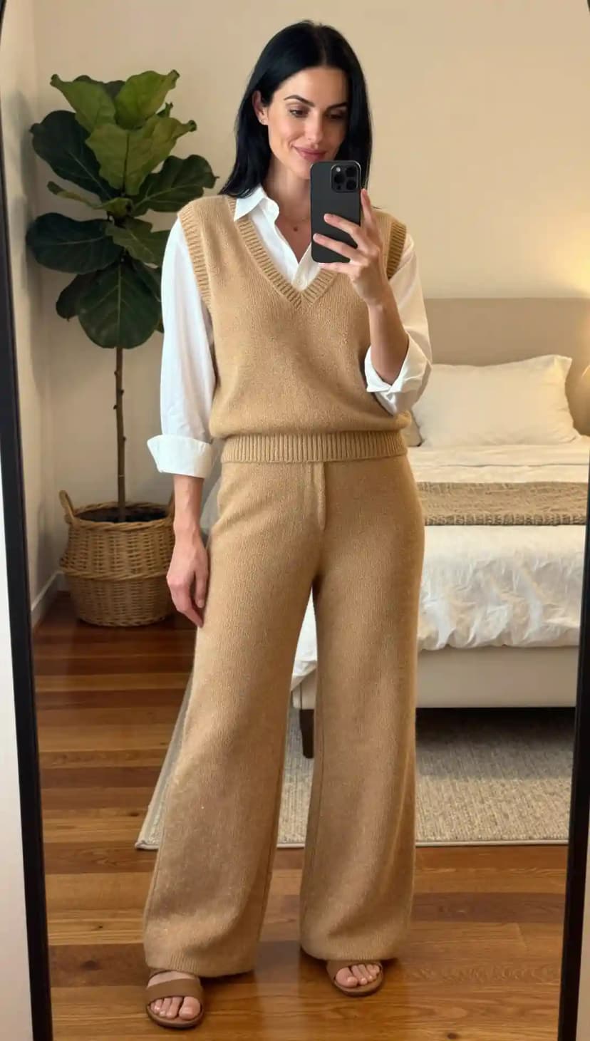 White Cotton Button-Up Shirt + Camel Knit Vest + Camel Knit Wide-Leg Trousers