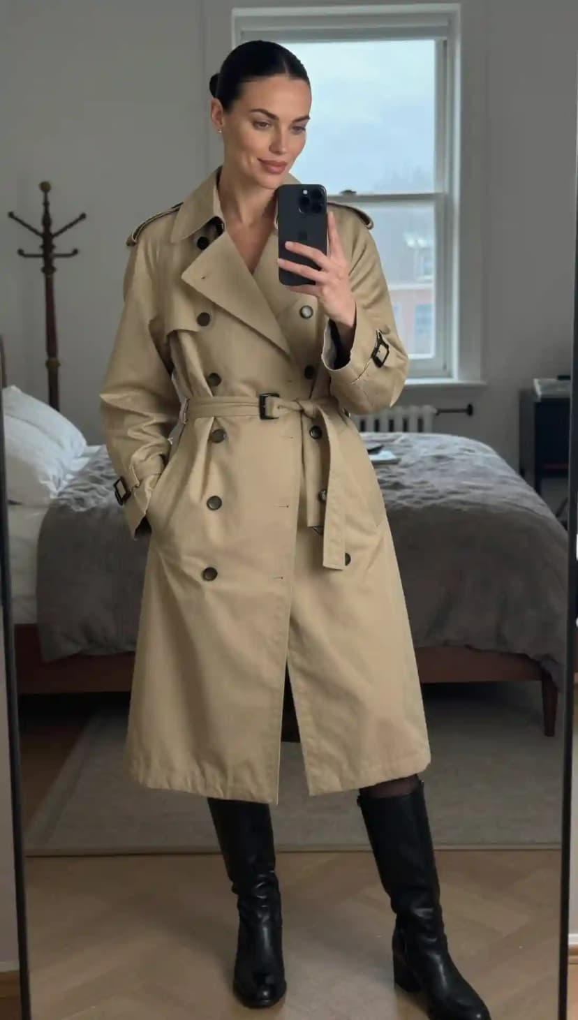 Beige Cotton Trench Coat + Black Leather Boots