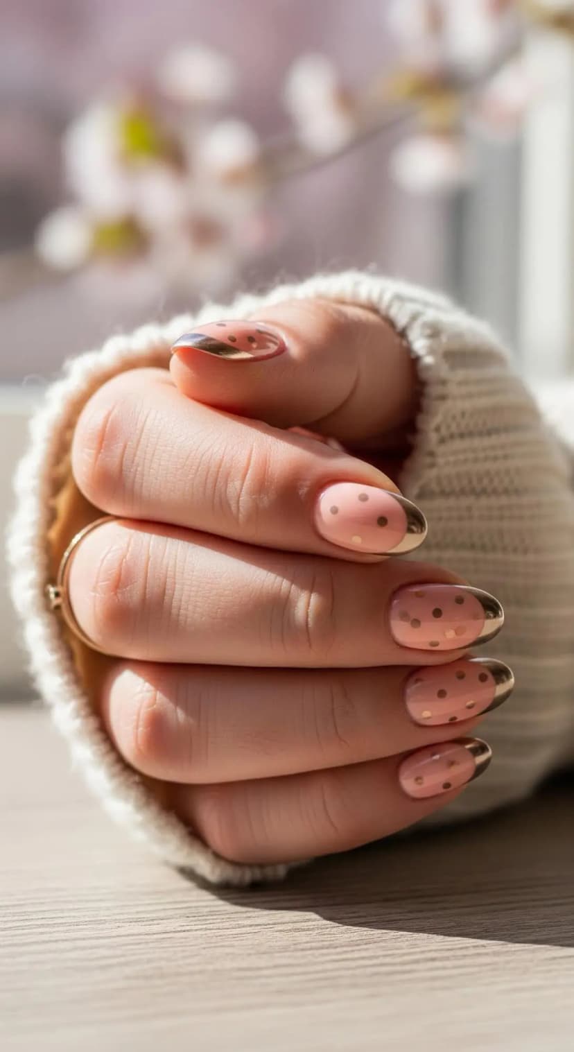 Soft Pink Polka Dot French Tip + Gold Chrome Accent