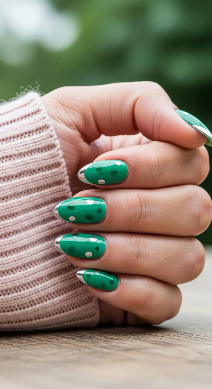 Green Polka Dot French Tip + Silver Chrome Accent