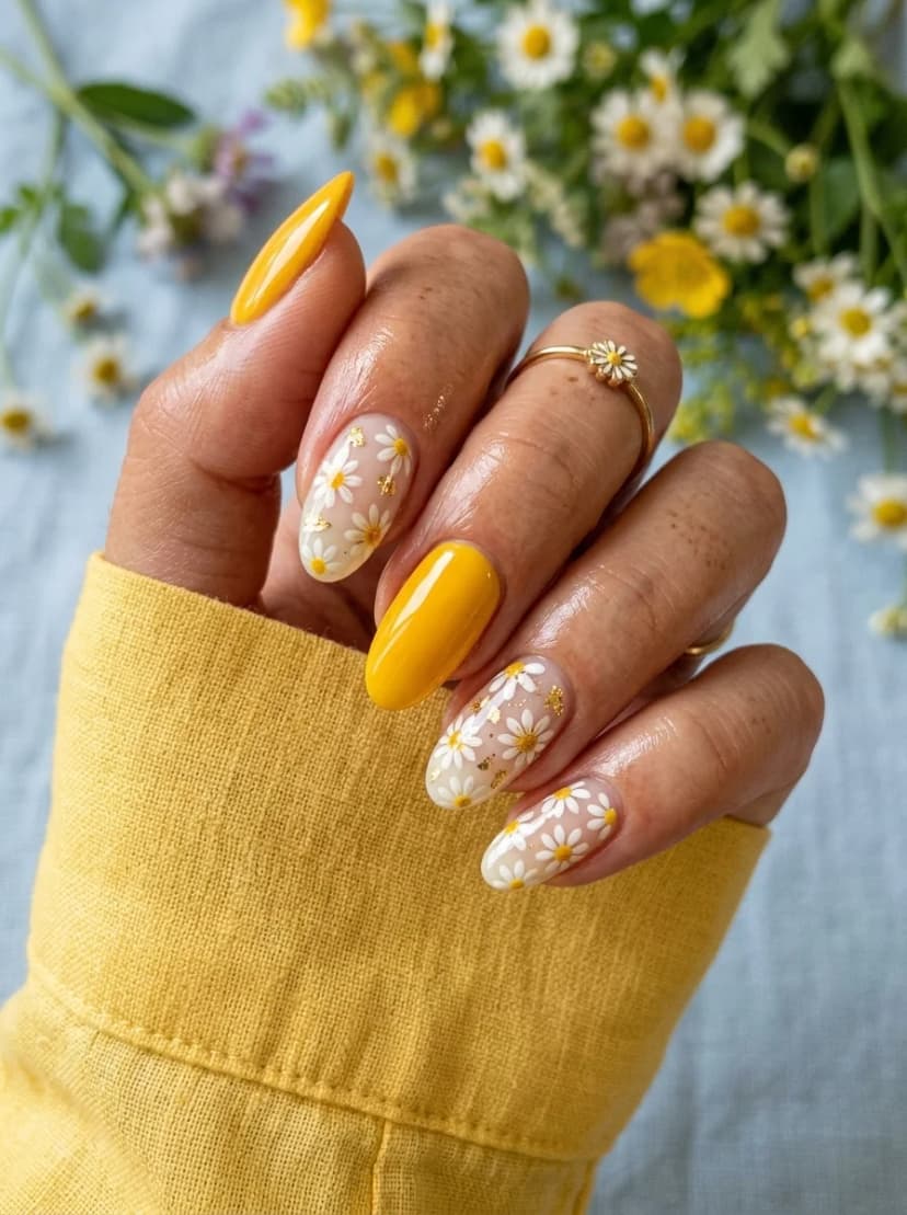 Yellow and Daisy Field Nails
