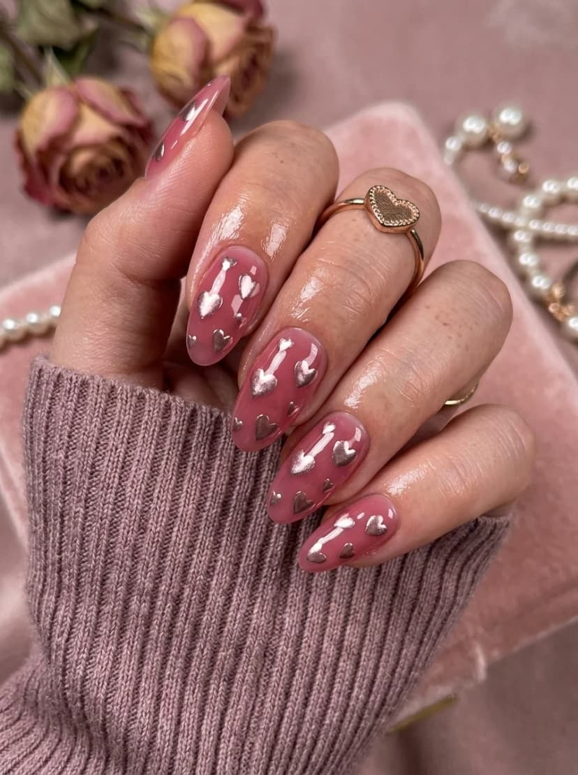 Pink Nails with Silver Hearts