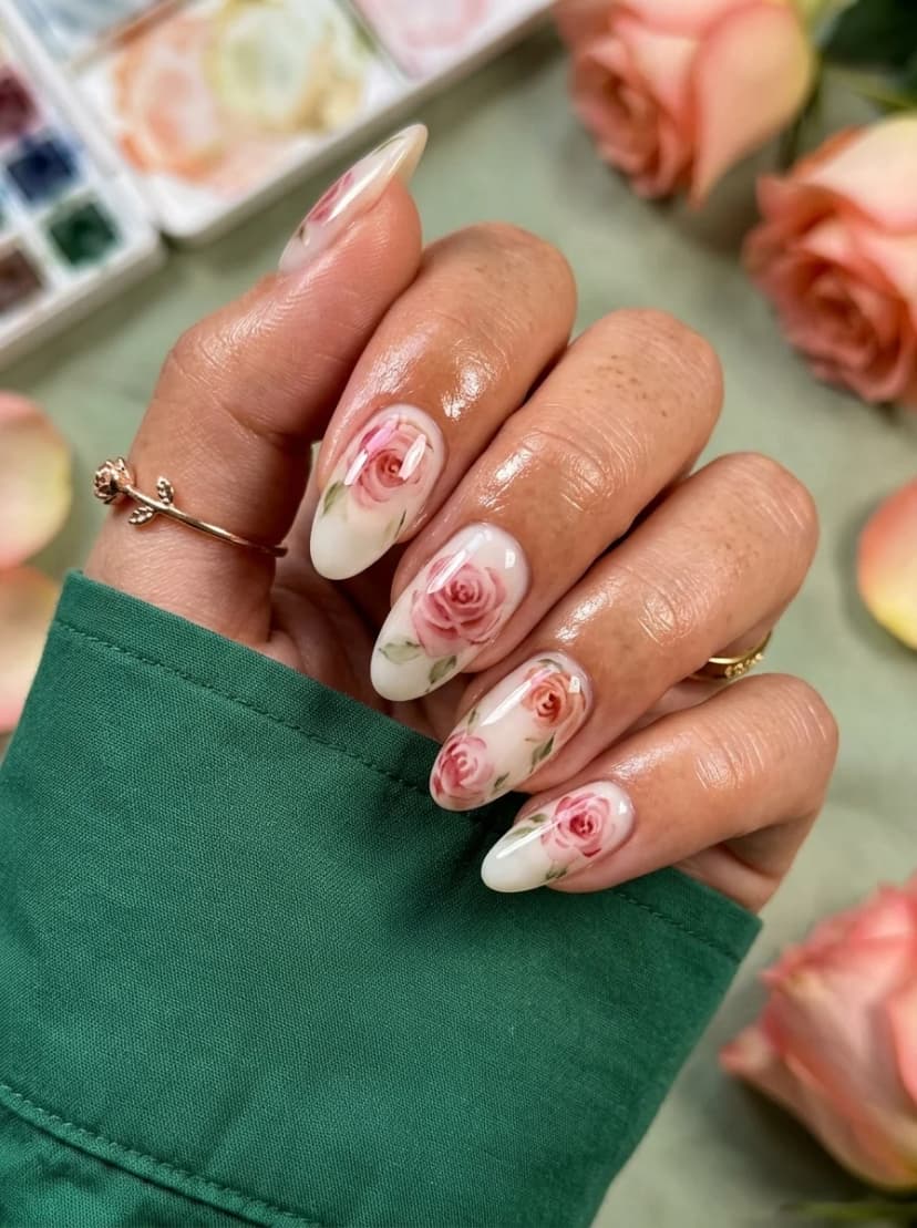 Watercolor Rose Nails