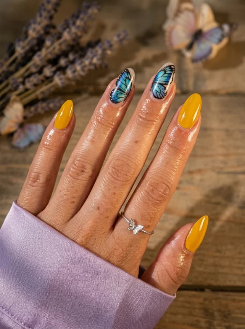 Yellow Nails with Butterfly Wing Accents