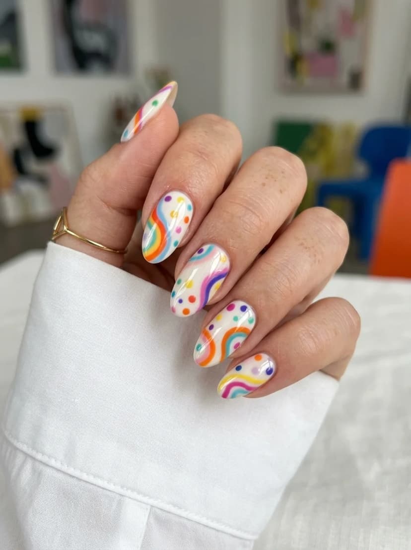 Rainbow Swirl and Dot Nails