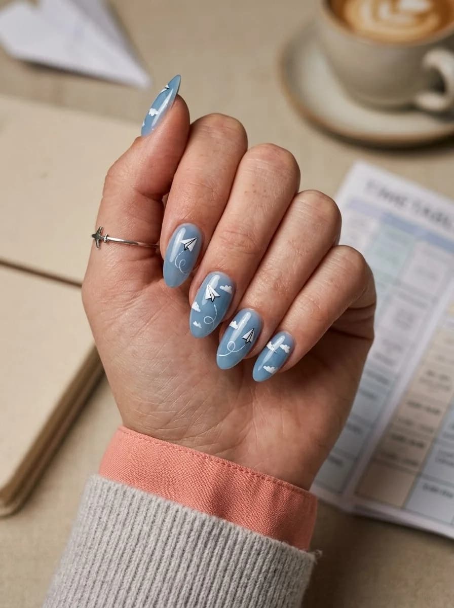 Glossy dusty blue almond nails with paper airplanes and tiny white clouds