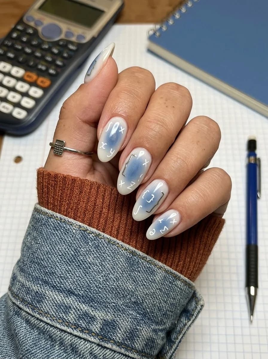 White nails with blue abstract swirls and small black math symbols