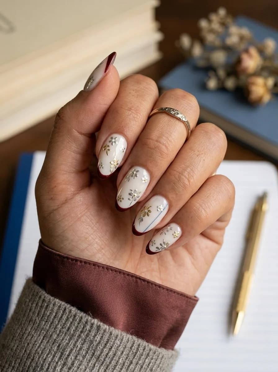 Sheer white nails with burgundy French tips and delicate gold floral details