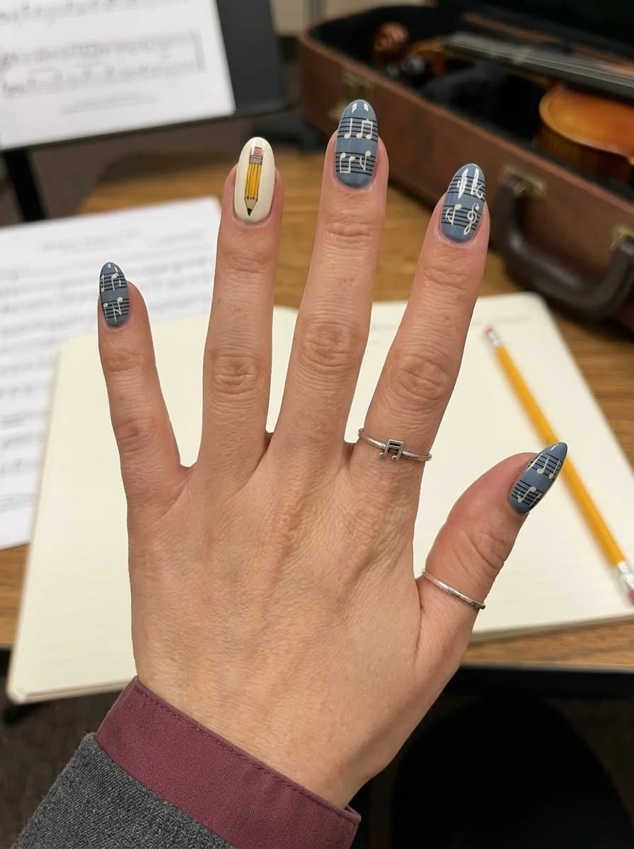 Grey nails with music notes and a pencil accent for a back-to-school manicure