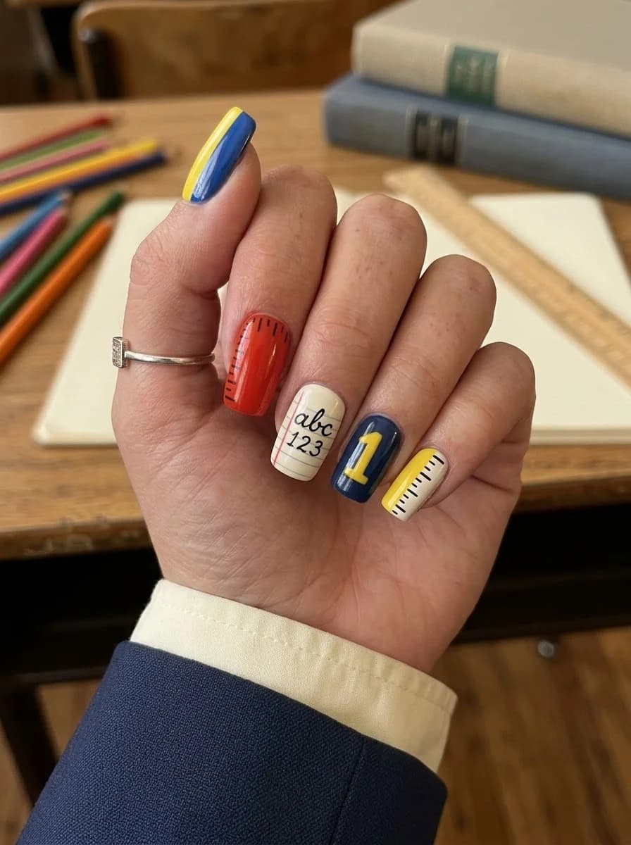 Blue and yellow nails with a red ruler accent and tiny number details