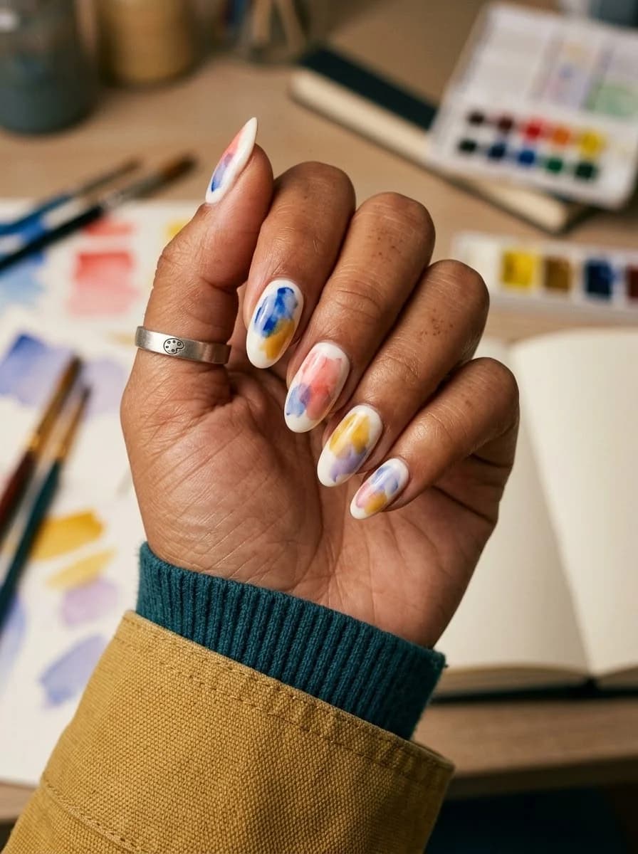 White nails with blue and yellow ribbon-like swirls