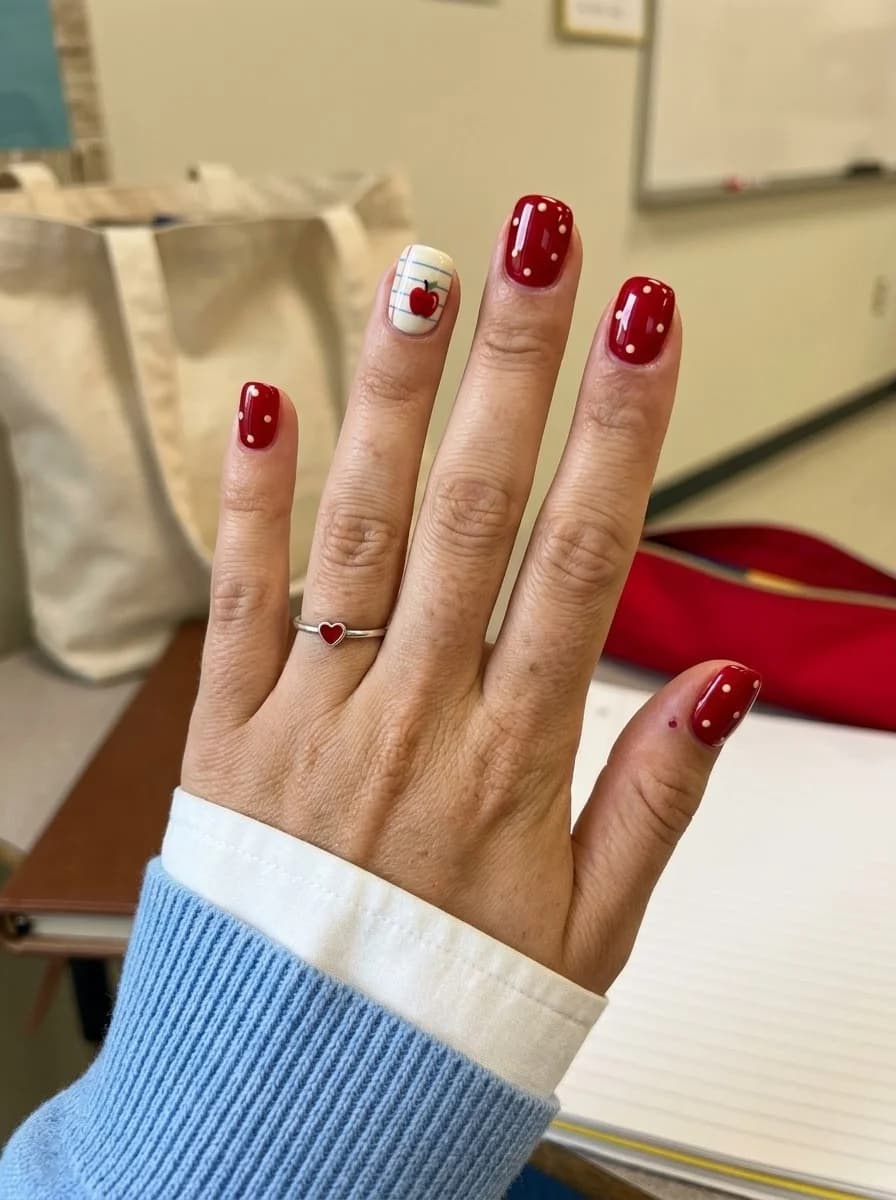 Back-to-school nails with a glossy red nail, green math nail, lined paper, pencil, and apple